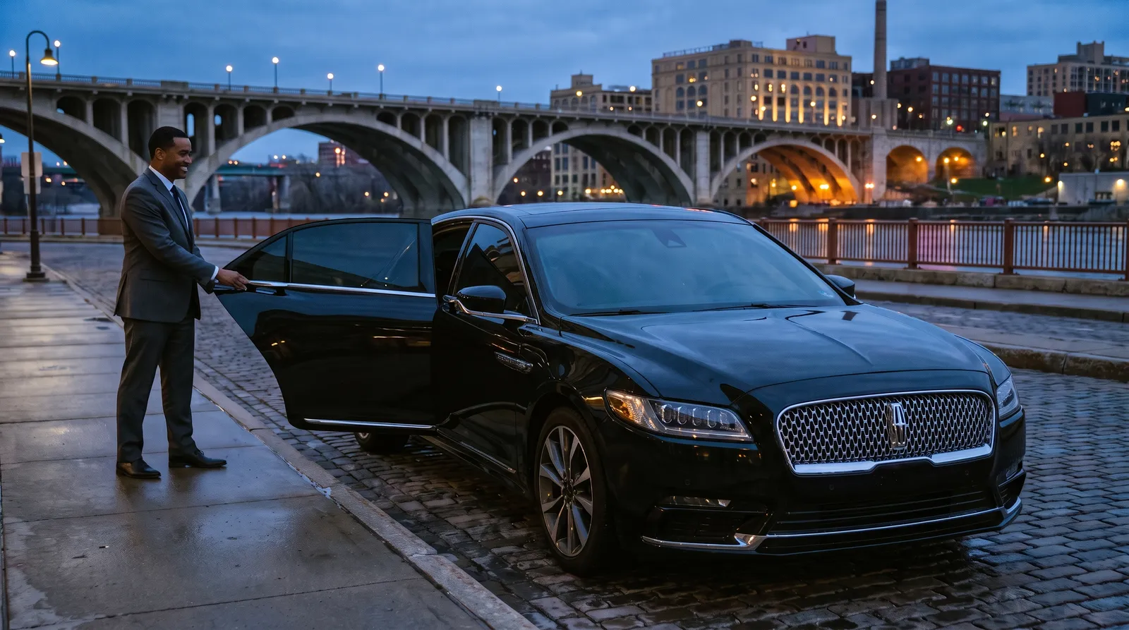Chauffeur holding open the rear door of a black Lincoln Continental parked at the curb by the Stone Arch Bridge in Minneapolis at blue hour