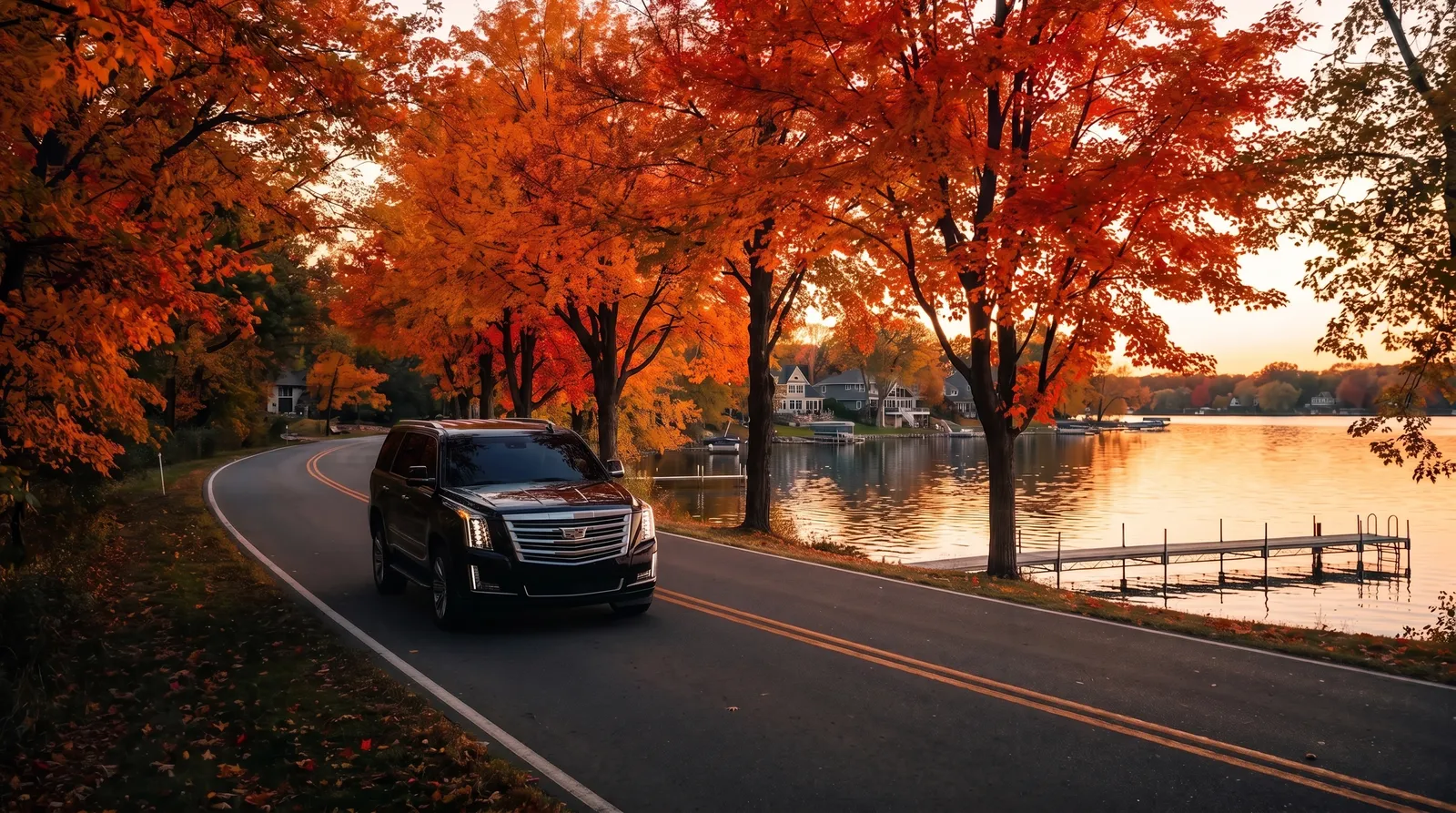 Black Cadillac Escalade driving a winding lakeside road beside Lake Minnetonka in peak autumn