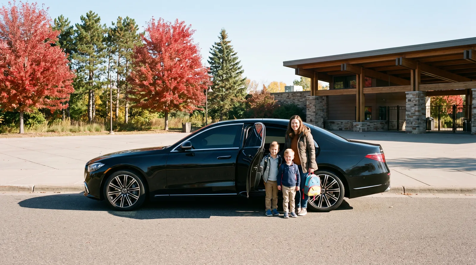 Black Mercedes-Benz S-Class parked near the entrance plaza of the Minnesota Zoo in Apple Valley