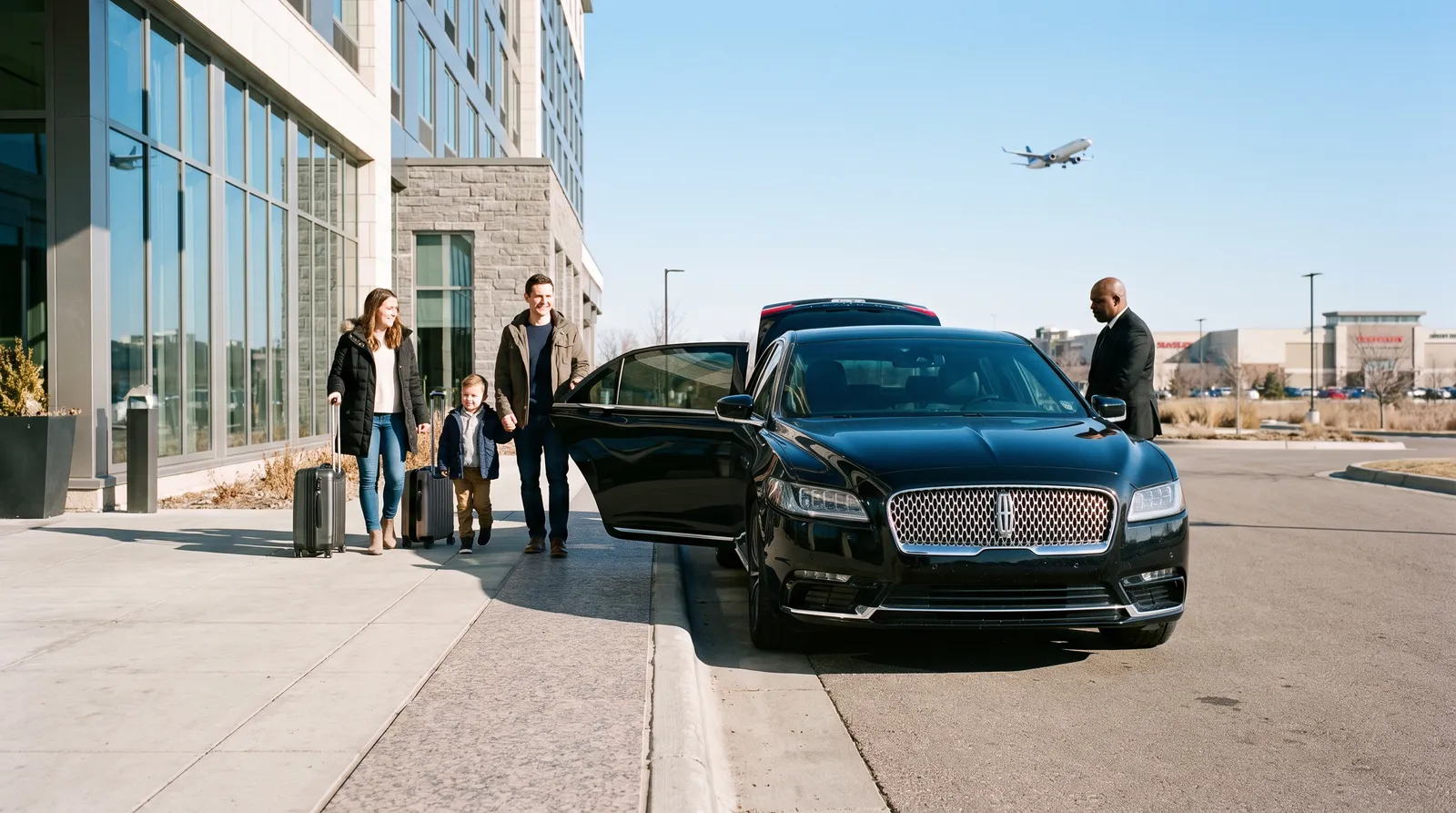 A black Lincoln Continental sedan parked at the curb outside a modern Bloomington hotel near Mall of America with a family stepping onto the sidewalk