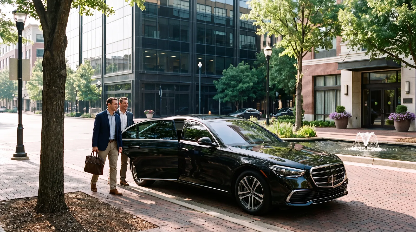 A black Mercedes-Benz S-Class sedan parked at the curb at the modern Viking Lakes development in Eagan with two executives stepping onto the sidewalk