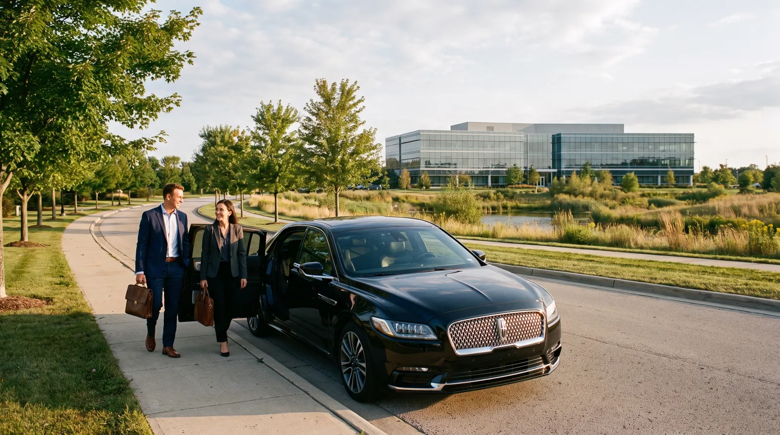A black Lincoln Continental sedan parked at the curb outside a glass corporate office in Eden Prairie with two executives stepping onto the sidewalk
