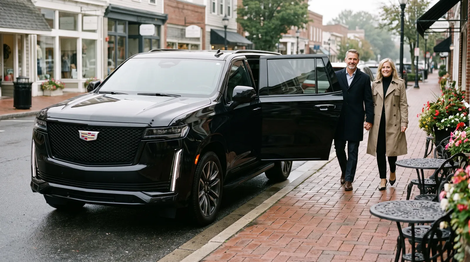 A black Cadillac Escalade parked at the curb on a boutique-lined street at 50th & France in Edina with a couple stepping onto the sidewalk