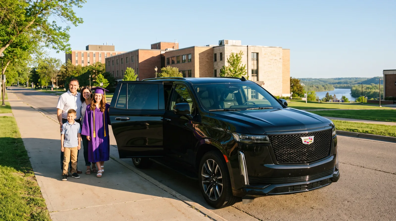 Black Cadillac Escalade parked at the curb on the Minnesota State University campus in Mankato on graduation day