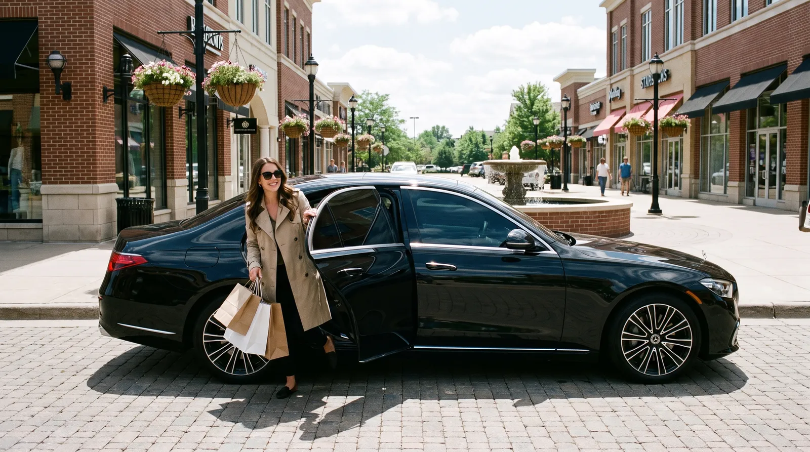 A black Mercedes-Benz S-Class sedan parked at the curb on a main street at Arbor Lakes in Maple Grove with a woman stepping onto the sidewalk