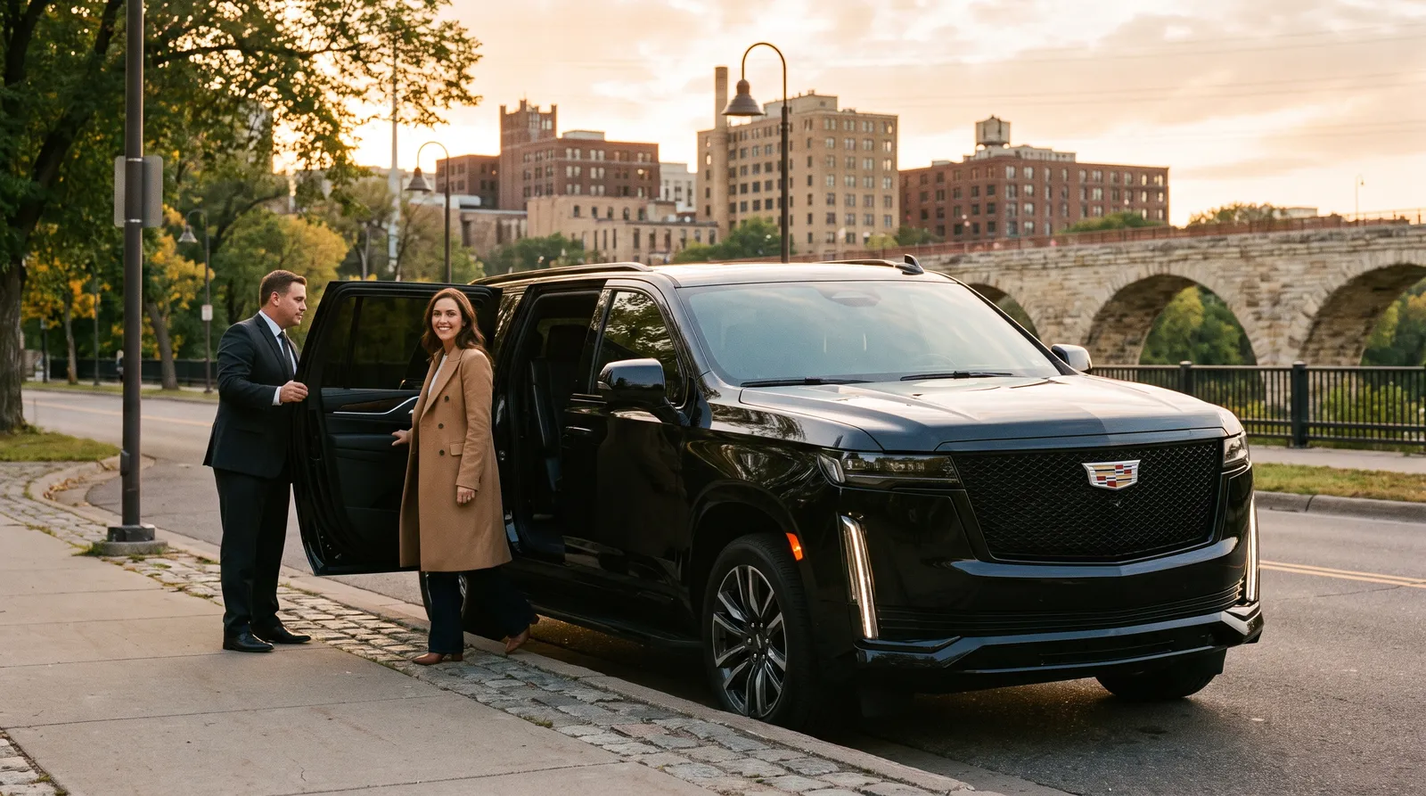 A black Cadillac Escalade parked at the curb on the Stone Arch Bridge side of the Minneapolis riverfront with the downtown skyline behind it