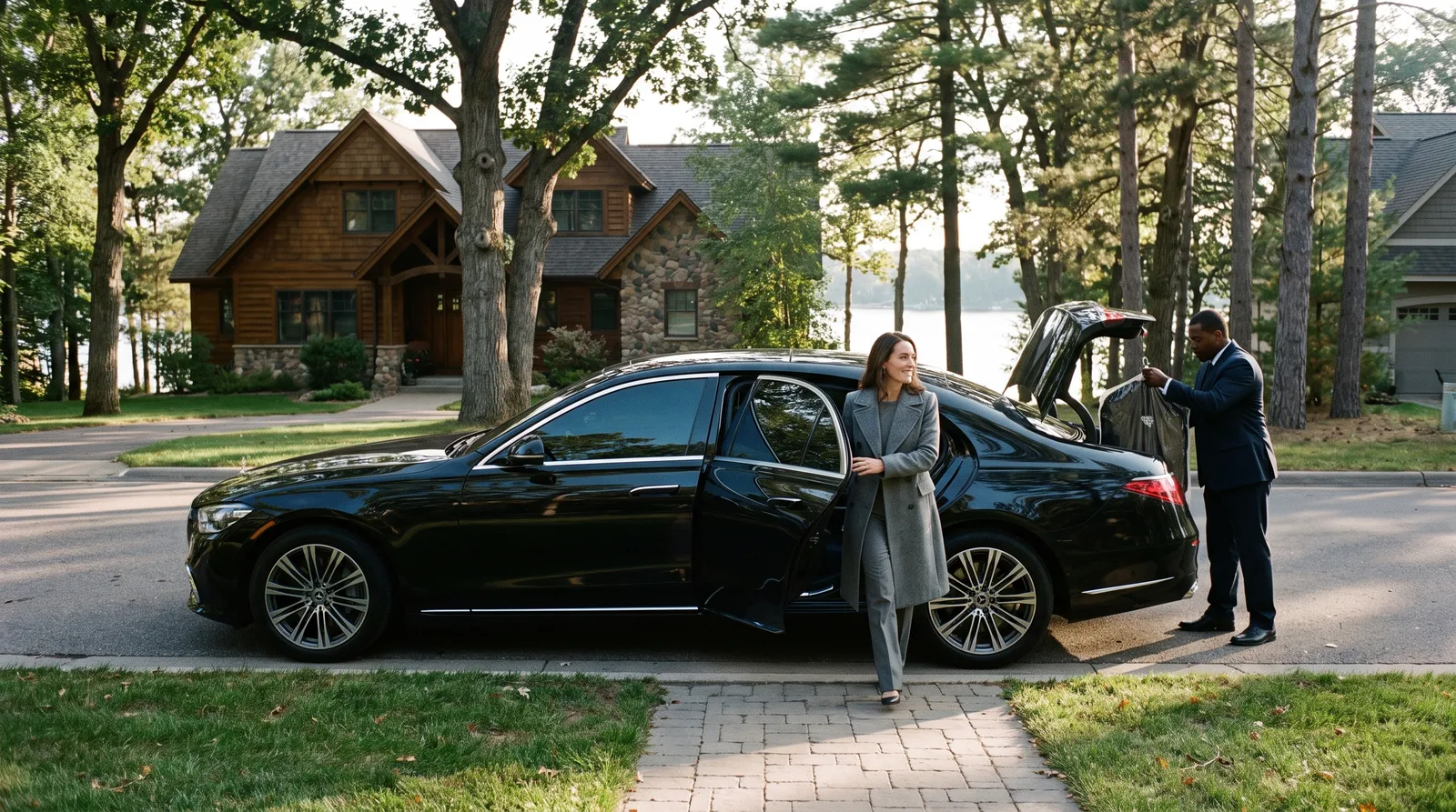 A black Mercedes-Benz S-Class sedan parked at the curb of a wooded Minnetonka home with a businesswoman stepping onto the walkway