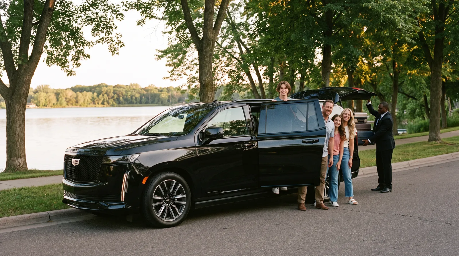 A black Cadillac Escalade parked at the curb beside Medicine Lake in Plymouth with a family loading bags and smiling toward the camera