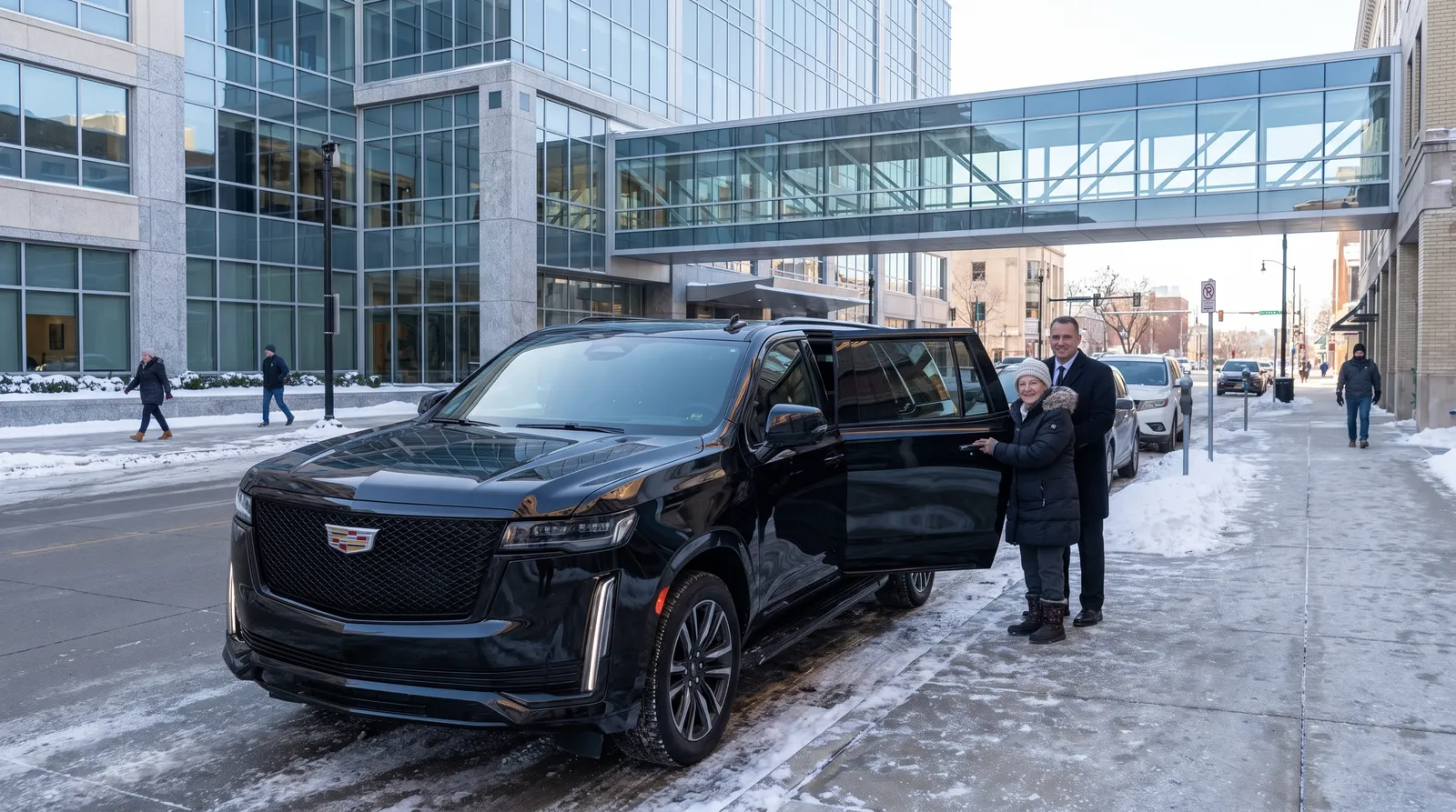 Black Cadillac Escalade parked at the curb outside a glass medical building in downtown Rochester, Minnesota, in winter