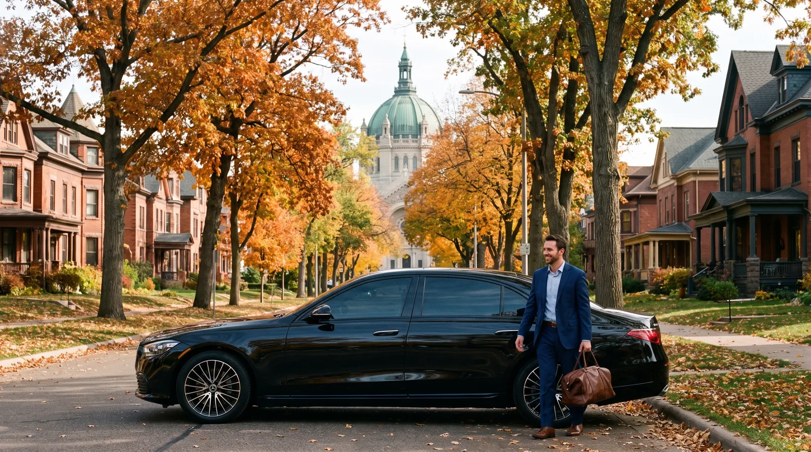 A black Mercedes-Benz S-Class sedan parked at the curb on Summit Avenue in Saint Paul with the Cathedral of Saint Paul dome in the distance