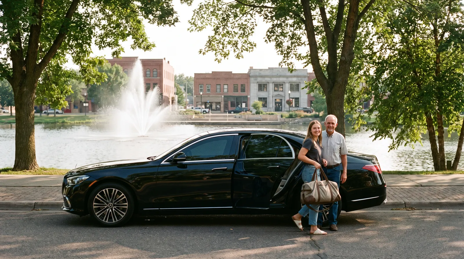 Black Mercedes-Benz S-Class parked beside Lake George in downtown St. Cloud, Minnesota