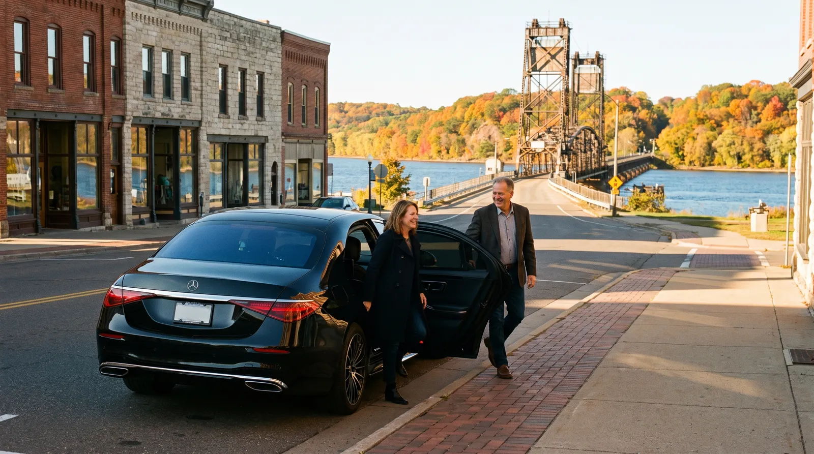 Black Mercedes-Benz S-Class parked on Main Street in downtown Stillwater with the historic lift bridge and St. Croix River behind