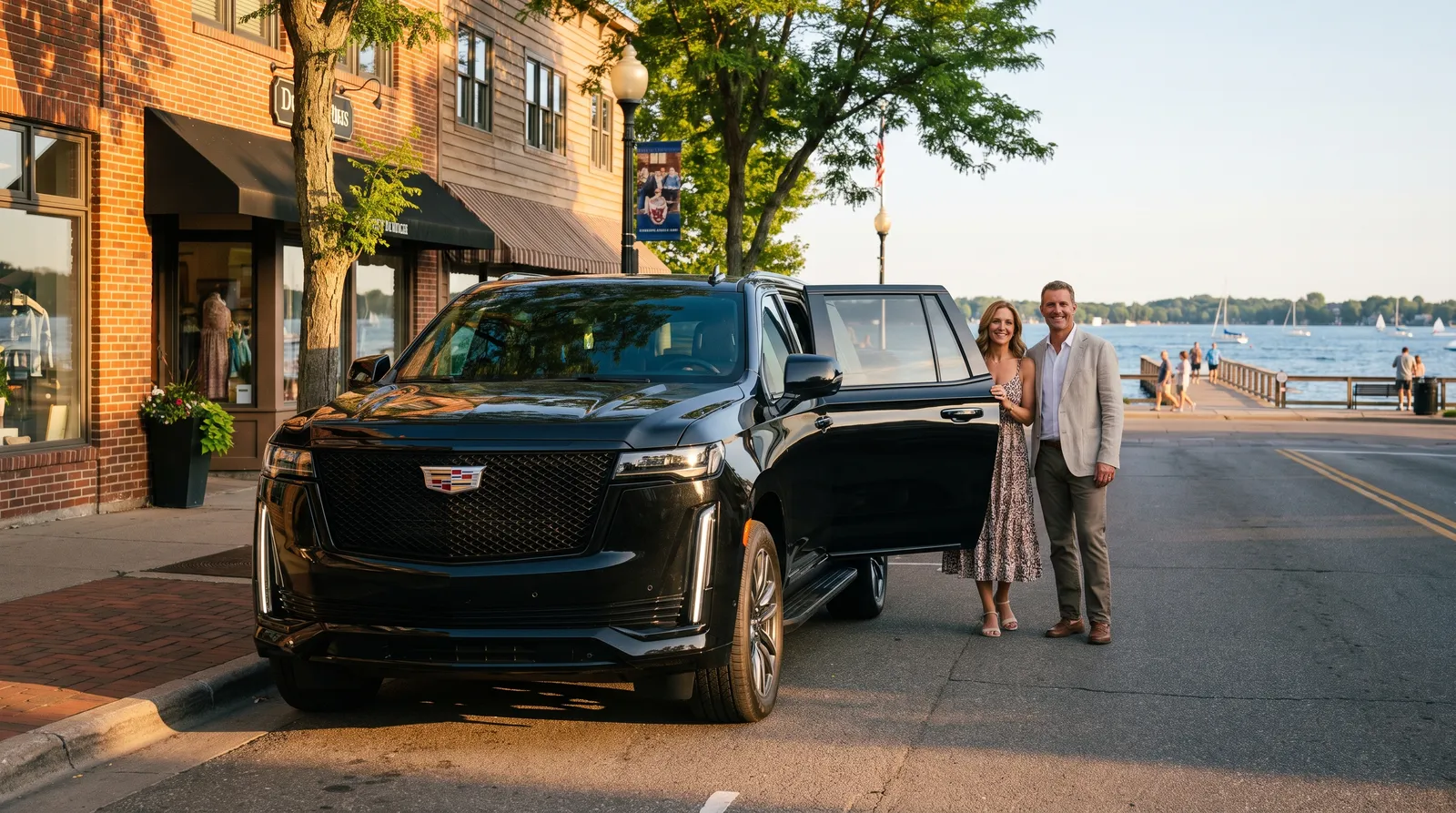 A black Cadillac Escalade parked at the curb on Lake Street in downtown Wayzata with Lake Minnetonka behind and a couple stepping onto the sidewalk