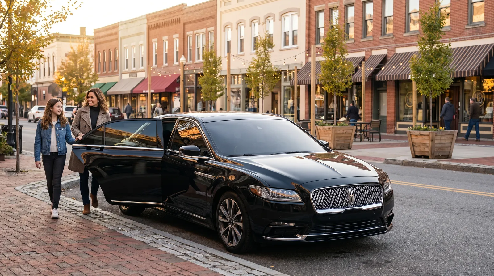 A black Lincoln Continental sedan parked at the curb at an outdoor shopping center in Woodbury with a mother and daughter stepping onto the sidewalk