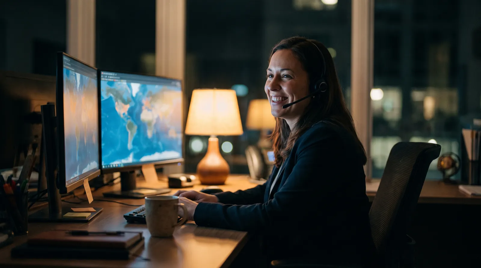 Total Town Car dispatcher wearing a headset, smiling while taking a booking call at a night dispatch desk