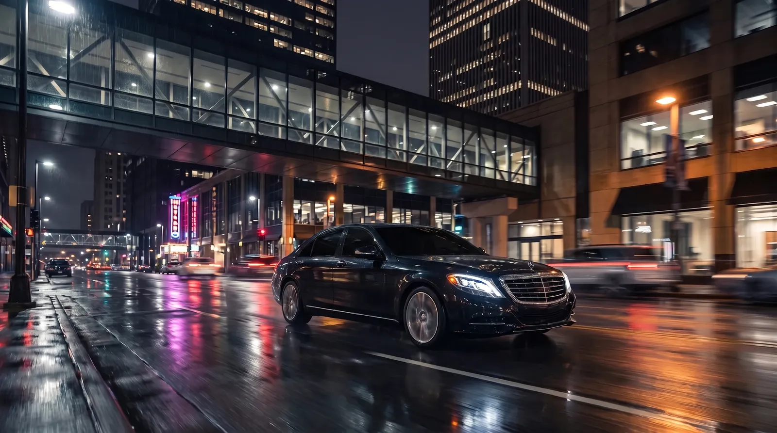 Black Mercedes S-Class driving through downtown Minneapolis at night beneath a lit skyway