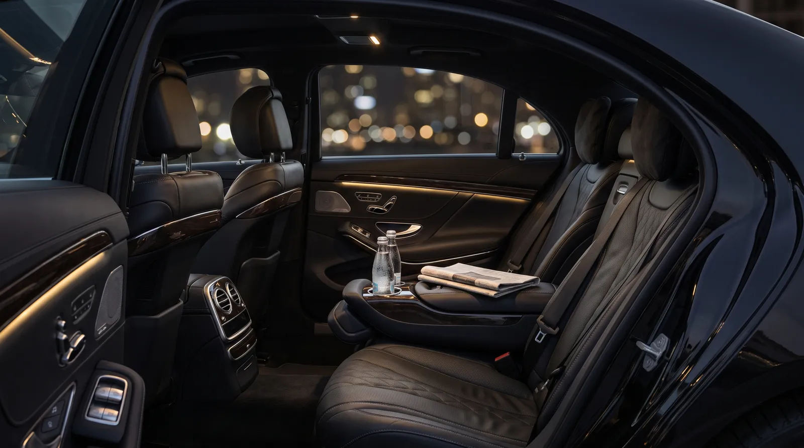 Rear cabin of a luxury black sedan with quilted leather seats, chilled water and warm ambient lighting