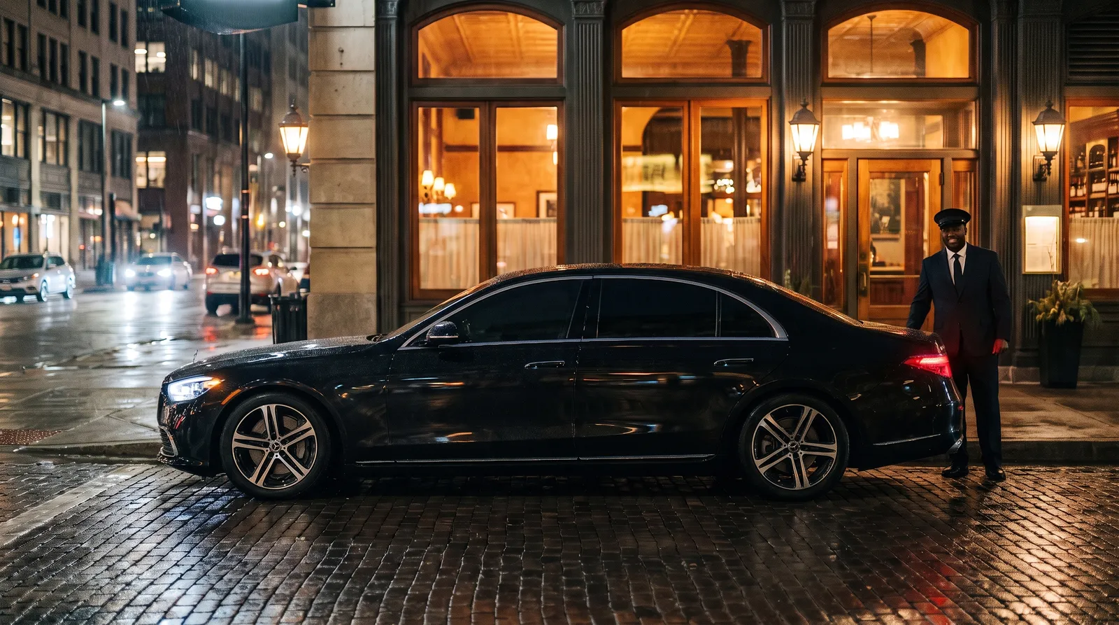 Chauffeur beside a black Mercedes-Benz S-Class parked at the curb outside a Minneapolis restaurant at night