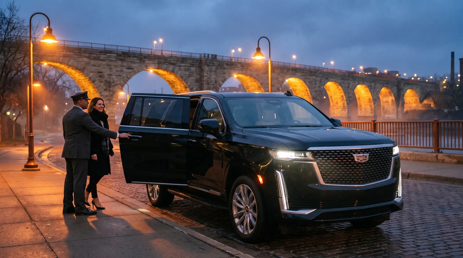 Uniformed chauffeur offering a hand as a smiling woman in an evening coat steps from a black Cadillac Escalade onto the sidewalk by the Minneapolis riverfront
