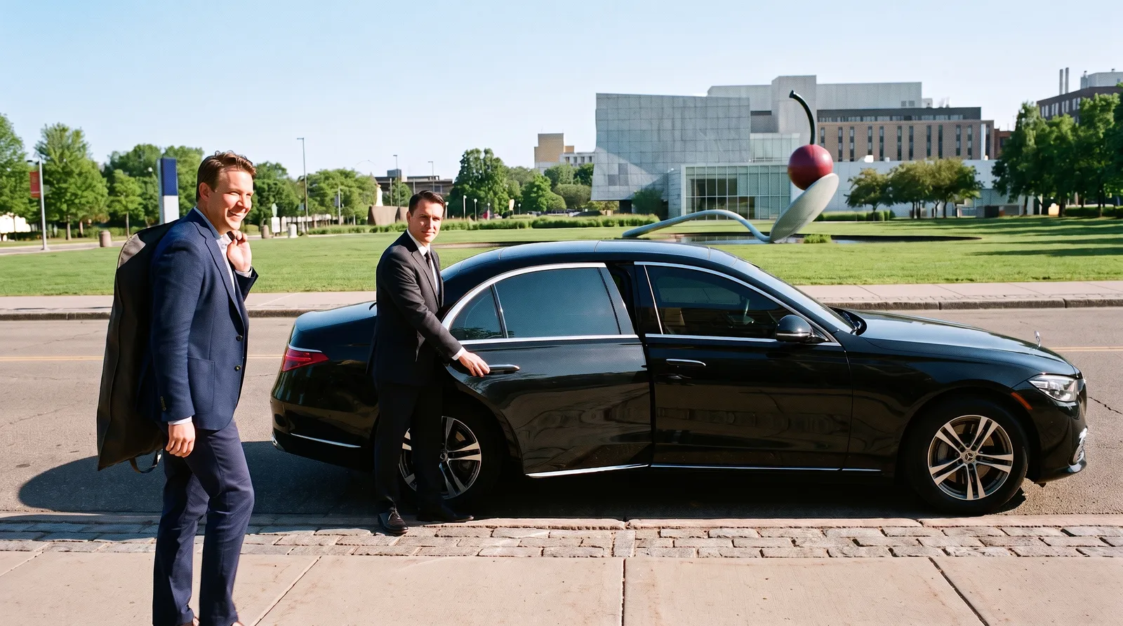 Chauffeur holding the rear door of a black Mercedes-Benz S-Class at the curb by the Minneapolis Sculpture Garden while a man with a garment bag smiles at the camera