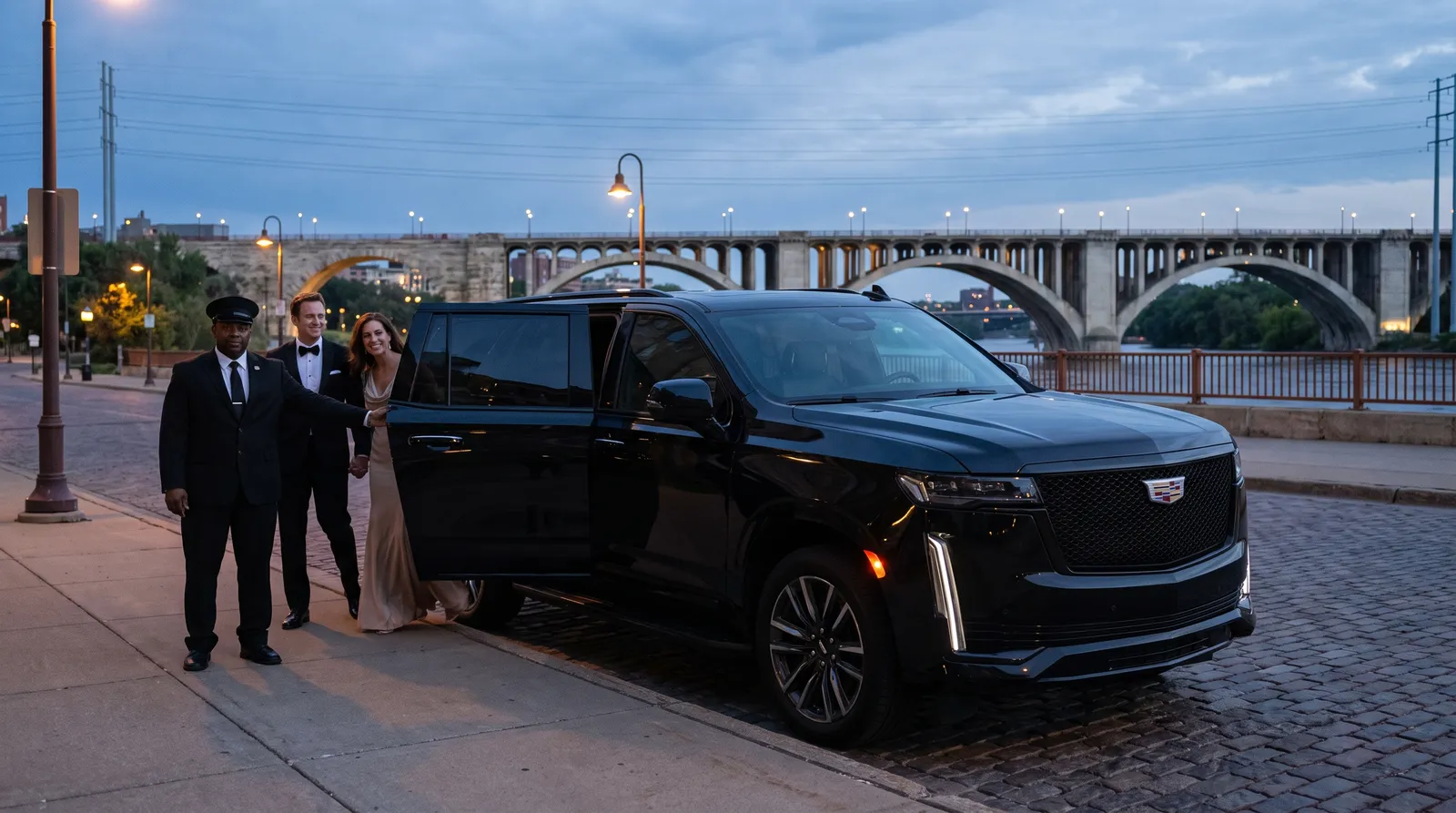 Couple in evening wear stepping onto the sidewalk from a black Cadillac Escalade near the Stone Arch Bridge in Minneapolis at dusk