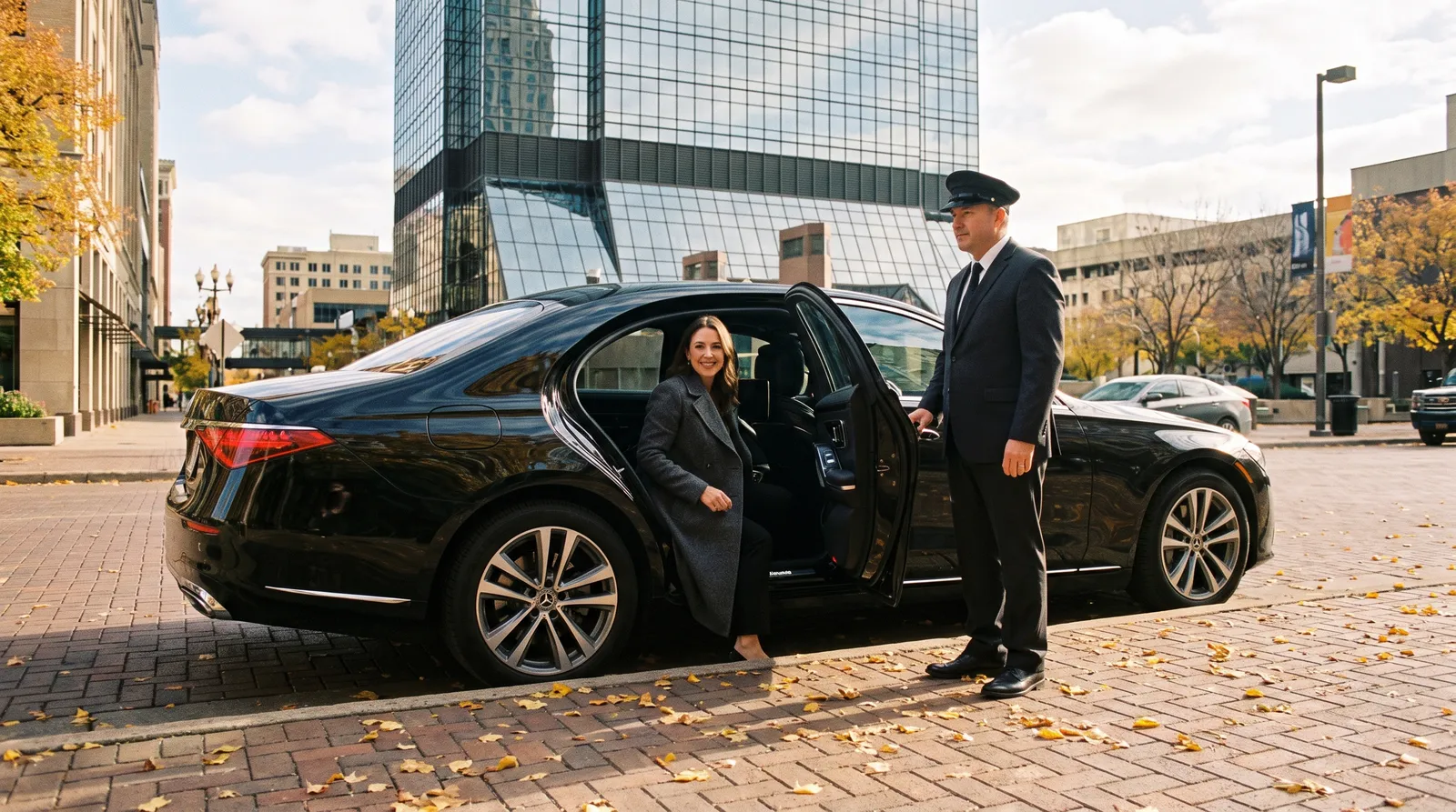 Woman in a wool coat stepping onto the Nicollet Mall sidewalk from a black Mercedes-Benz S-Class with downtown Minneapolis towers behind
