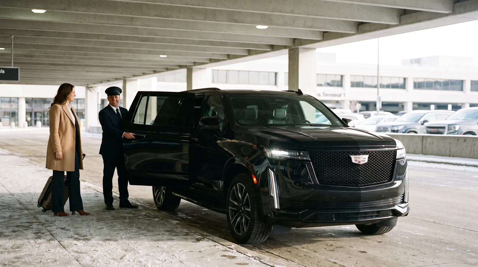 Chauffeur holding the rear door of a black Cadillac Escalade at the MSP Terminal 1 arrivals curb as a traveler with a roller bag walks up