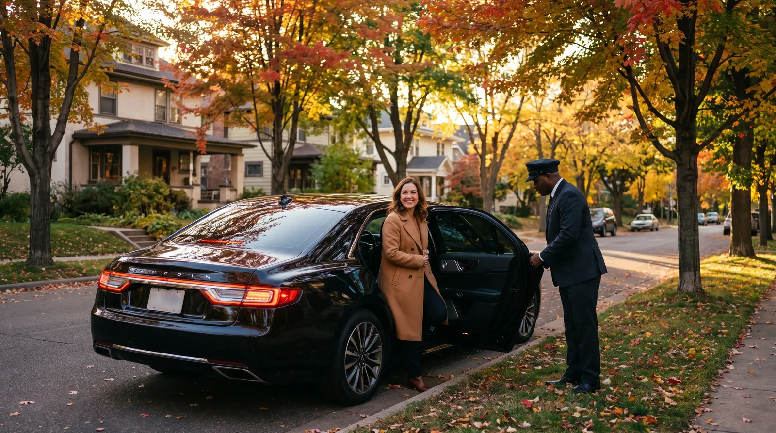 Chauffeur holding the rear door of a black Lincoln Continental as a smiling woman steps onto the sidewalk of a tree-lined Minneapolis street