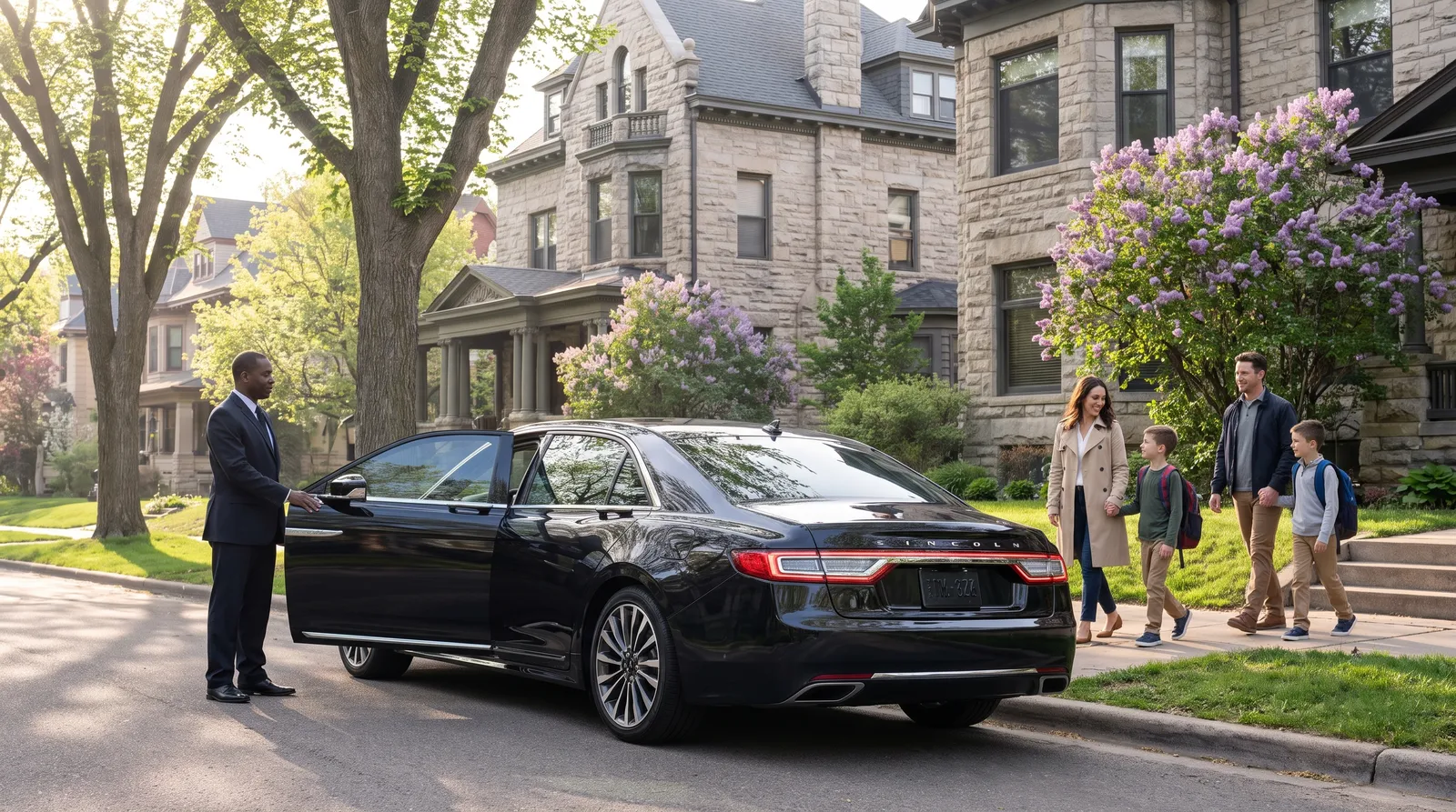 Family of four stepping onto the sidewalk from a black Lincoln Continental on Summit Avenue in Saint Paul while a chauffeur holds the door