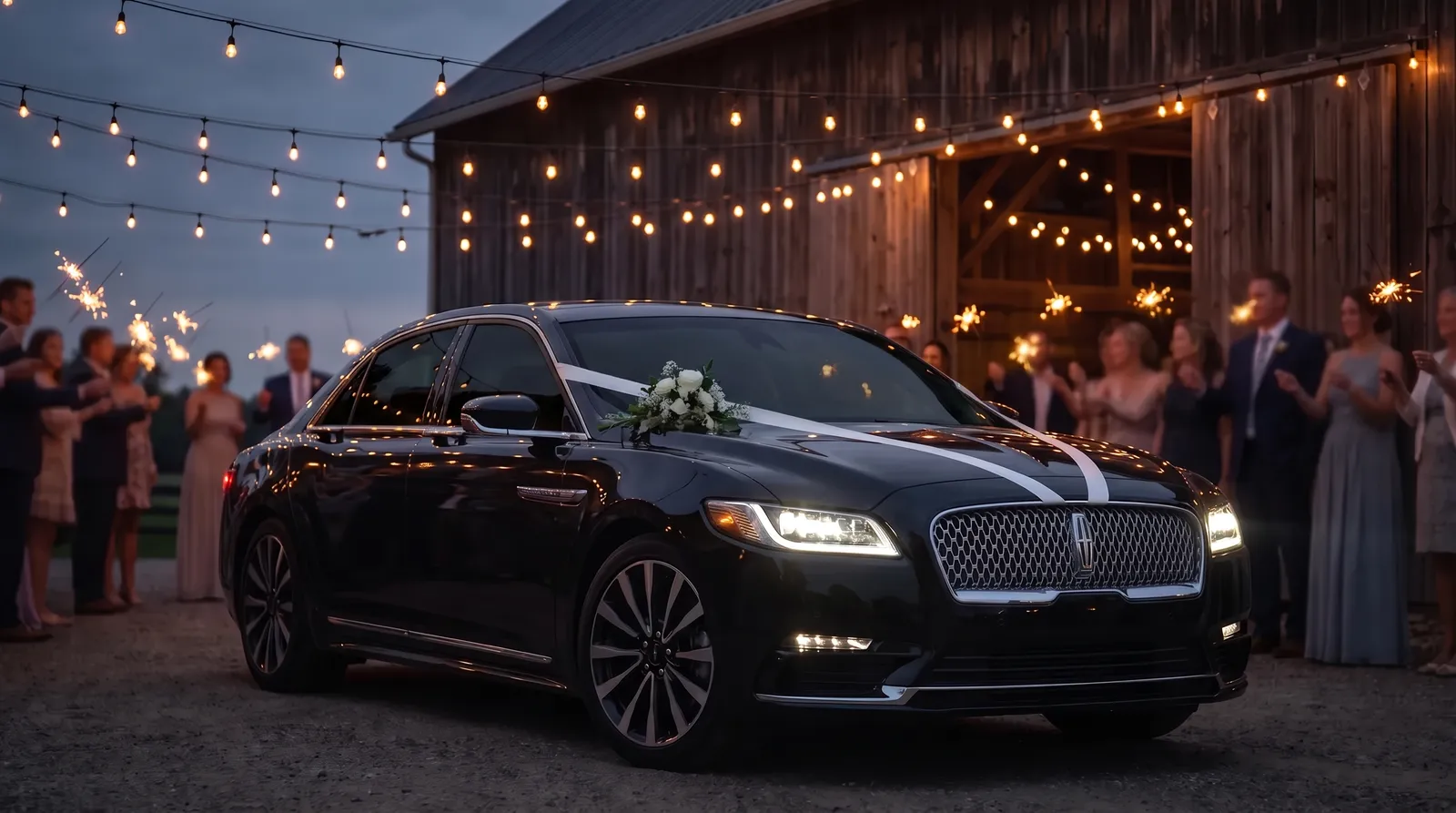 Black Lincoln Continental wedding getaway car under string lights at a Minnesota barn venue